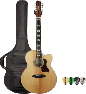 Sawtooth Solid Spruce Top Jumbo Cutaway 12 String Acoustic Electric Guitar with Flame Maple Back and Sides, Fishman Preamp, Padded Gig Bag and Pick Sampler