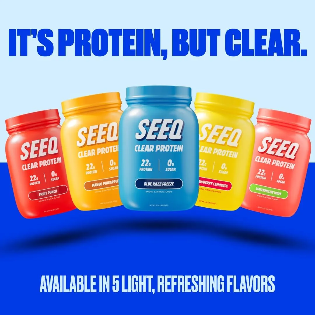 SEEQ Clear Protein Powder - Blue Razz Freeze - 25 Servings - 22g Clear Whey Protein Isolate - Zero Sugar - 0g Lactose - Allergen Friendly - GLP1 Support - Bone Health - Muscle Post Workout Recovery