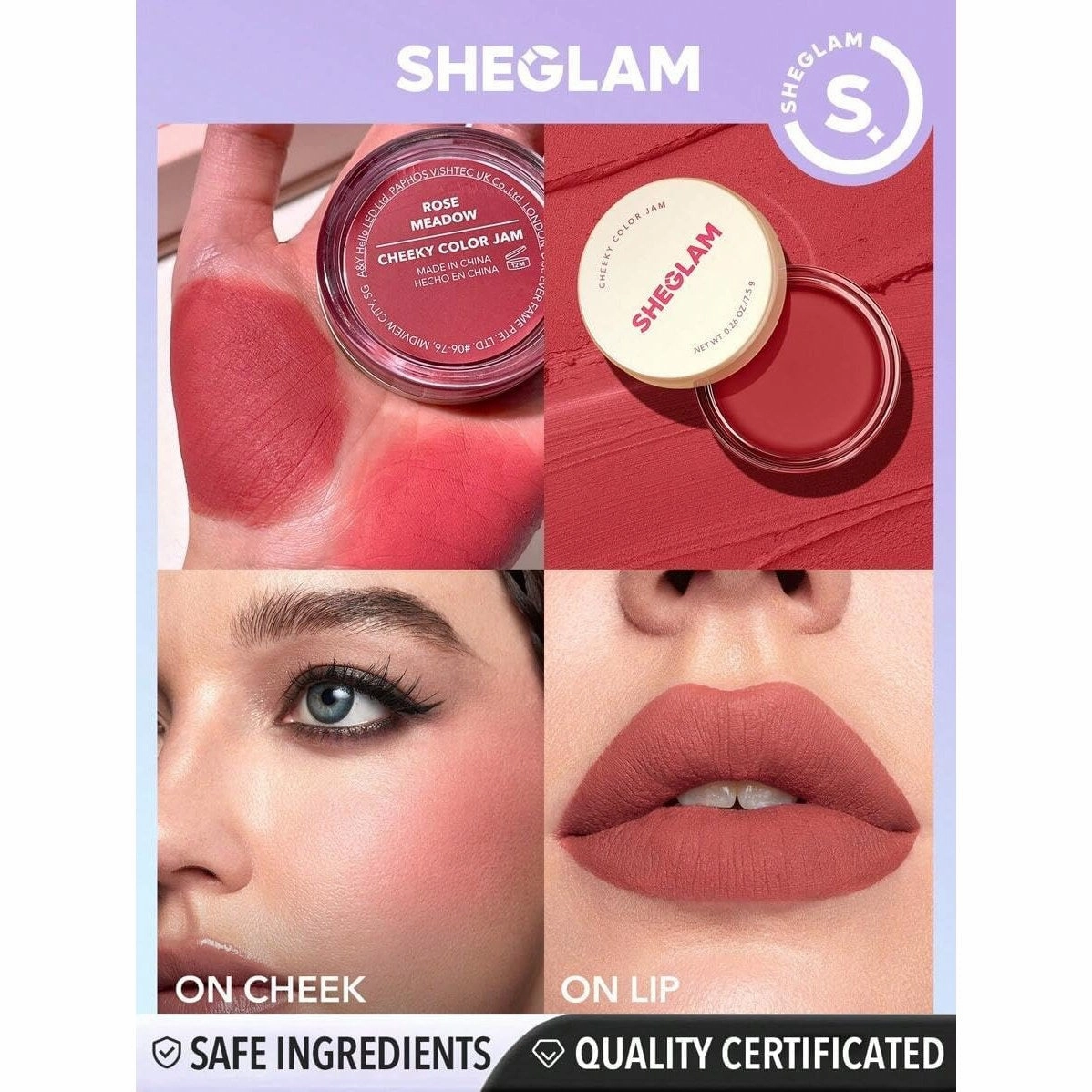 SHEGLAM - Cheeky Color Jam- 6 Shades Multi-Use Cream Blush Lip Cream Matte Highly Pigmented Natural Blush Powder Face Makeup (Rose Meadow)