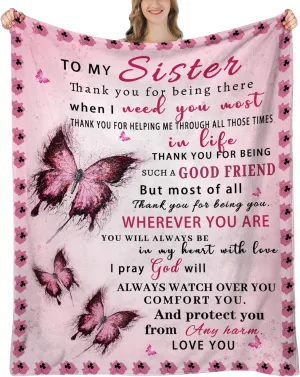 Sister Blankets from Sisters, Sister Birthday Gifts Butterfly, Gift for Sisters Birthday, Mother Day, Christmas, Sis Throw Blanket, Pink Butterfly, 60"x50"