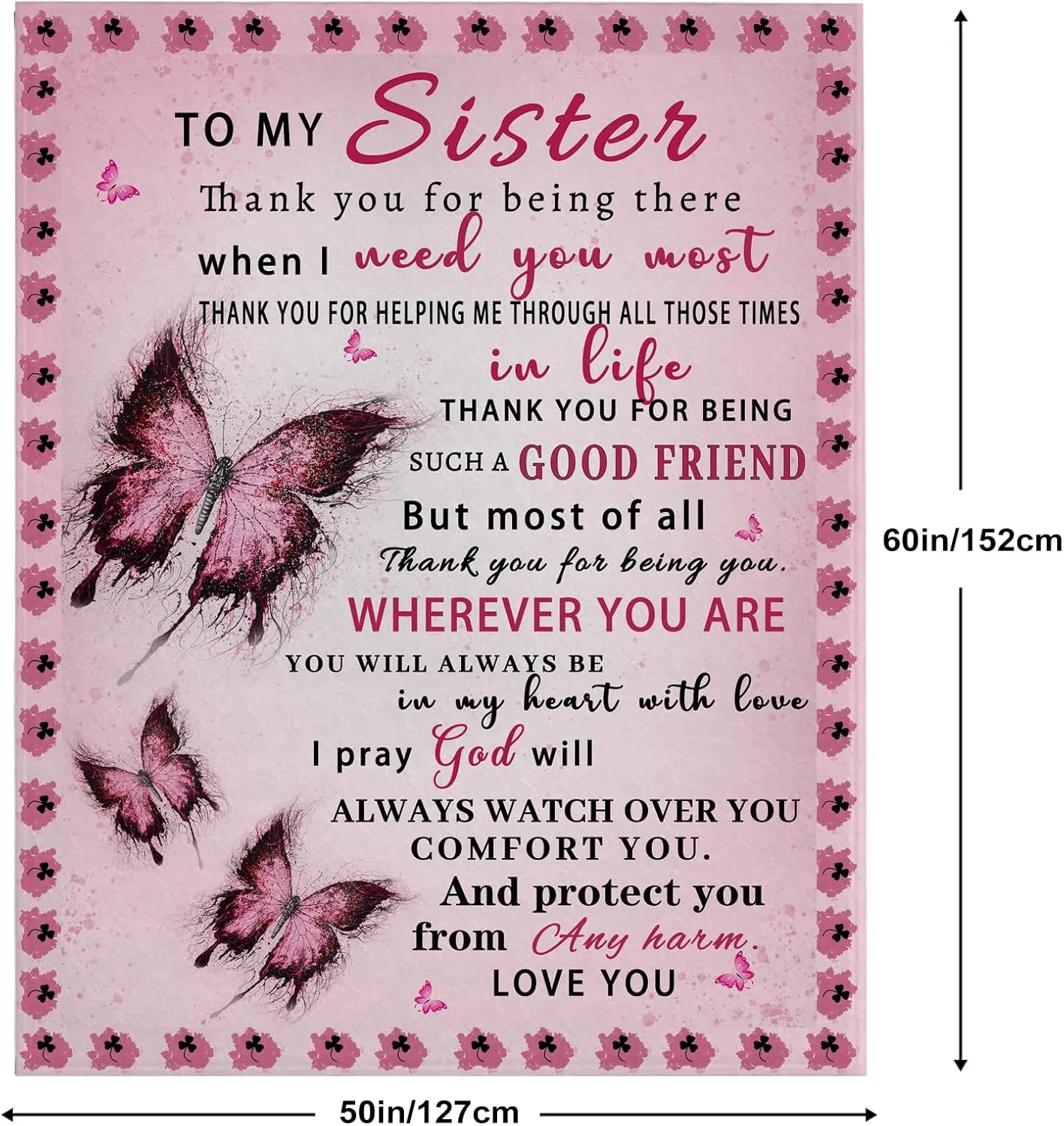 Sister Blankets from Sisters, Sister Birthday Gifts Butterfly, Gift for Sisters Birthday, Mother Day, Christmas, Sis Throw Blanket, Pink Butterfly, 60"x50"