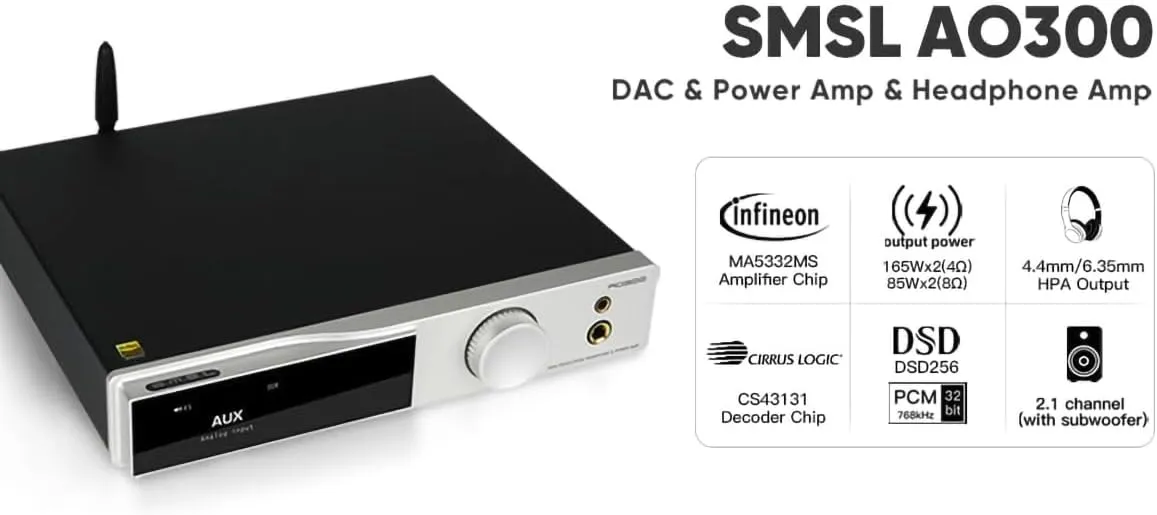 SMSL AO300 MA5332MS Class D Power Amplifier CS43131 165W x 165W DAC Headphone Amp, USB/Coax/Opt/HDMI ARC/RCA Input 2.1 Channel Speaker/Subwoofer 4.4mm/6.35mm Headphone Output, MQA-CD DAC Amp(Black)