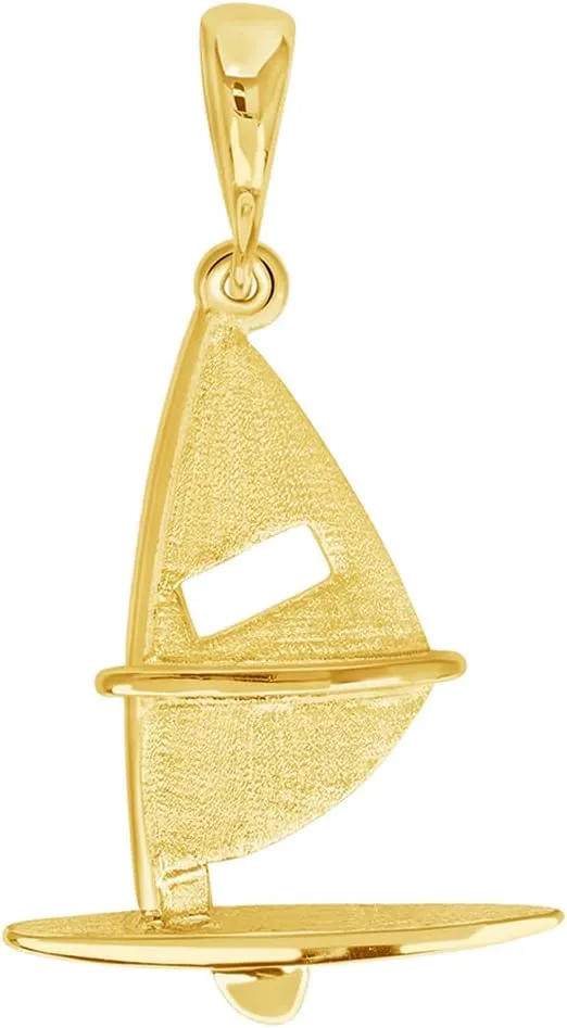 Solid 14k Yellow Gold Sailing Sailboard Windsurfing Pendant with Rolo Cable, Curb, or Figaro Chain Necklaces
