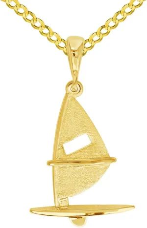 Solid 14k Yellow Gold Sailing Sailboard Windsurfing Pendant with Rolo Cable, Curb, or Figaro Chain Necklaces