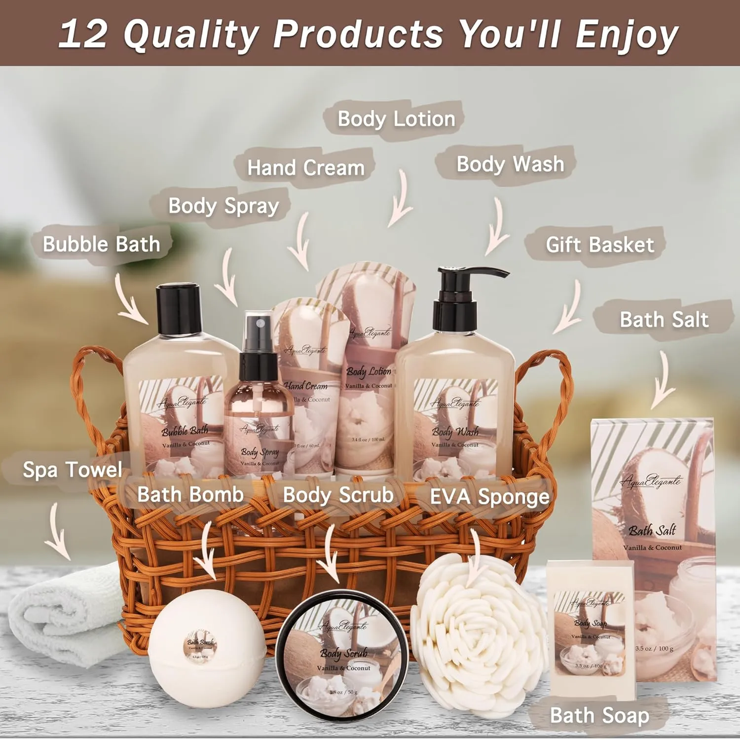 Spa Baskets For Women - Luxury Bath Set With Coconut & Vanilla - Spa Kit Includes Wash, Bubble Bath, Lotion, Bath Salts, Body Scrub, Body Spray, Shower Puff, Bathbombs, Soap and Towel