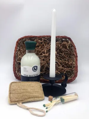 Spa Bubble Bath Gift Set for Men and Women - Premium Bubble Bath, Natural Loofah Sponge, Candle and European-style Iron Candlestick holder, Matches, and Handmade basket - by TOA Waters