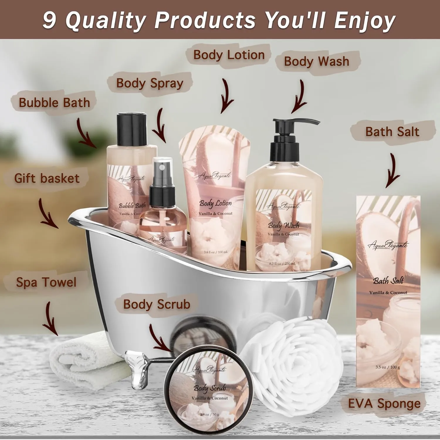 Spa Gift Baskets For Women - Luxury Bath Set With Coconut & Vanilla - Spa Kit Includes Body Wash, Bubble Bath, Lotion, Bath Salts, Body Scrub, Body Spray, Shower Puff, and Towel