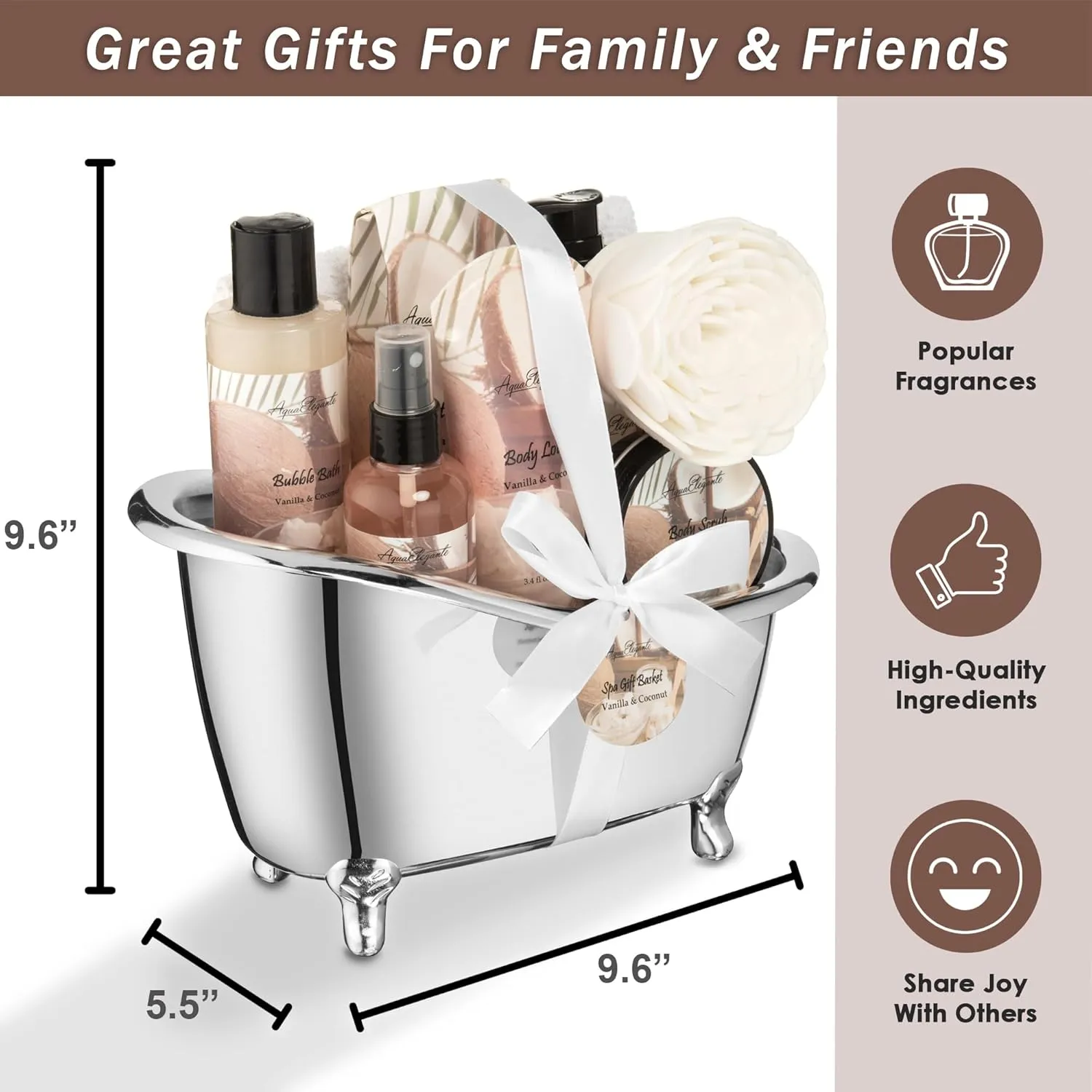 Spa Gift Baskets For Women - Luxury Bath Set With Coconut & Vanilla - Spa Kit Includes Body Wash, Bubble Bath, Lotion, Bath Salts, Body Scrub, Body Spray, Shower Puff, and Towel