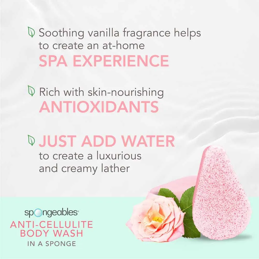 Spongeables Anti Cellulite Body Wash in a 20  Wash Sponge, English Rose, 3 Count