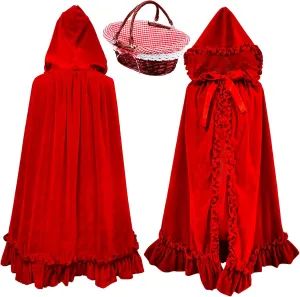 Suhine 1 Pcs Hooded Cloak Long Velvet Cape Red with 1 Pcs Picnic Basket for Halloween Women Riding Hood Cape Costume Dress up