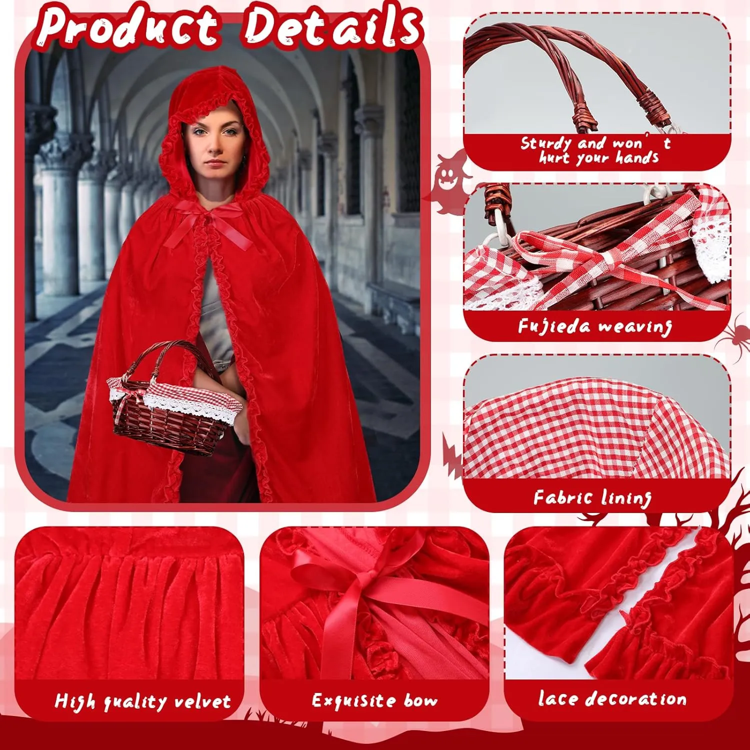 Suhine 1 Pcs Hooded Cloak Long Velvet Cape Red with 1 Pcs Picnic Basket for Halloween Women Riding Hood Cape Costume Dress up