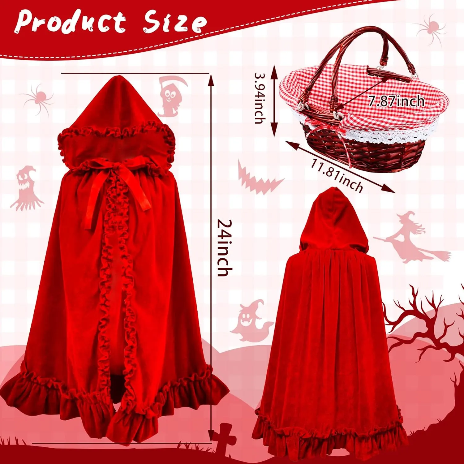 Suhine 1 Pcs Hooded Cloak Long Velvet Cape Red with 1 Pcs Picnic Basket for Halloween Women Riding Hood Cape Costume Dress up