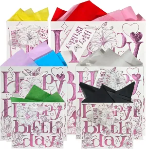 suosicn Assorted Sizes Birthday Gift Bag with Handle and Tissue Paper for Kids, Women, Girls, Baby Shower, Newborn, New Moms or Parents (6 Pink Tulip)