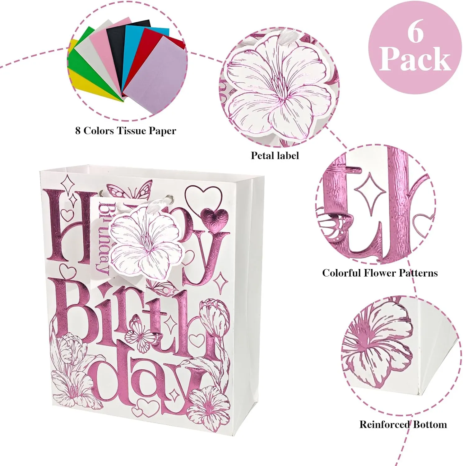suosicn Assorted Sizes Birthday Gift Bag with Handle and Tissue Paper for Kids, Women, Girls, Baby Shower, Newborn, New Moms or Parents (6 Pink Tulip)