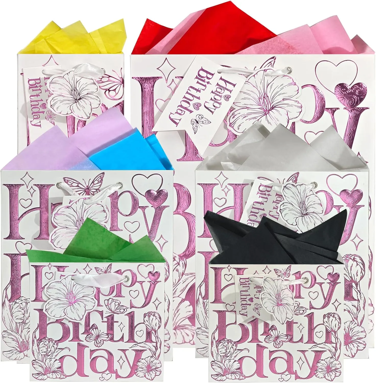 suosicn Assorted Sizes Birthday Gift Bag with Handle and Tissue Paper for Kids, Women, Girls, Baby Shower, Newborn, New Moms or Parents (6 Pink Tulip)