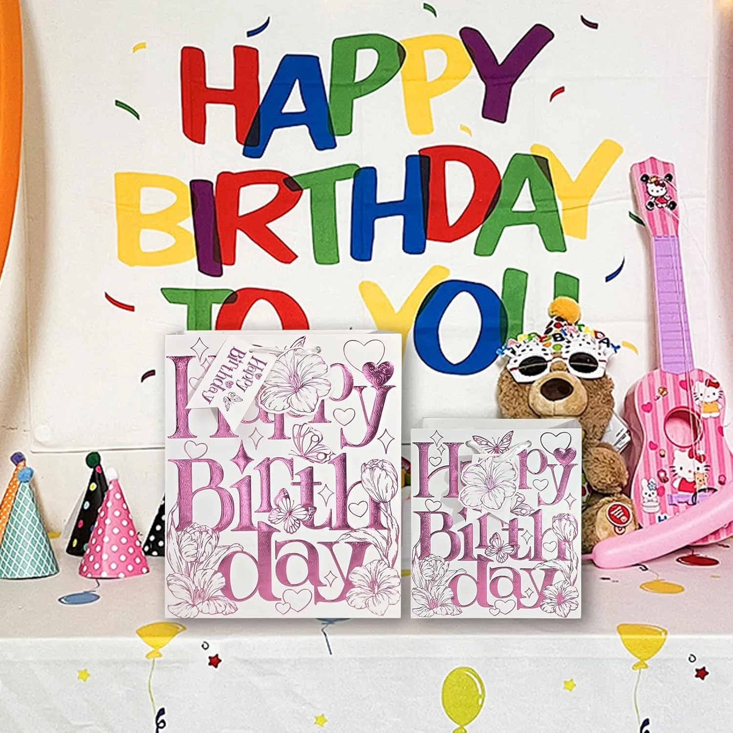 suosicn Assorted Sizes Birthday Gift Bag with Handle and Tissue Paper for Kids, Women, Girls, Baby Shower, Newborn, New Moms or Parents (6 Pink Tulip)