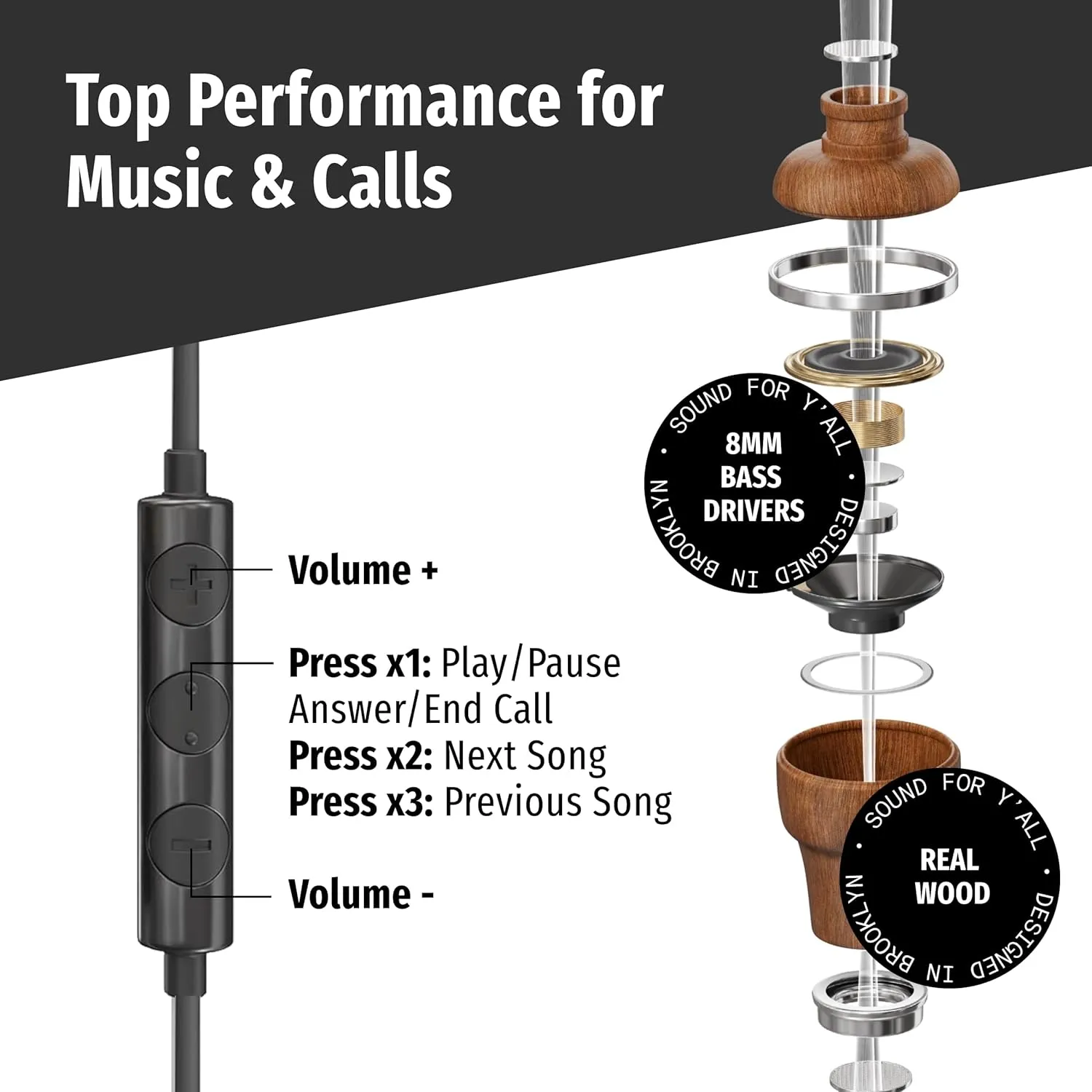 Symphonized Premium Wooden Airtube Headphones EMF Earbuds, 3D Sound, Microphone Volume Control, 8mm Bass Drivers Granting High Audio Quality for USB C Devices (Compatible with iPhone 15 &16)