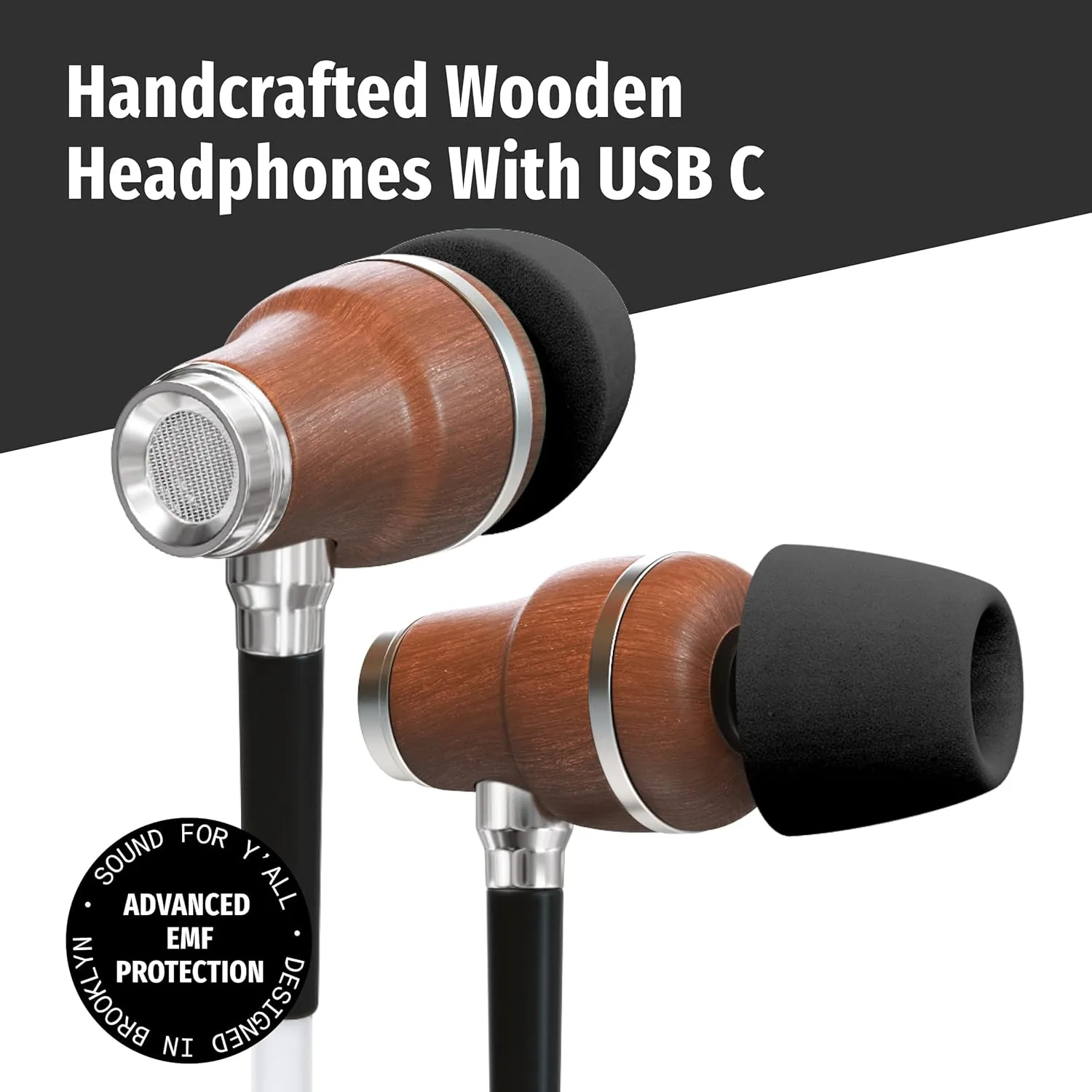 Symphonized Premium Wooden Airtube Headphones EMF Earbuds, 3D Sound, Microphone Volume Control, 8mm Bass Drivers Granting High Audio Quality for USB C Devices (Compatible with iPhone 15 &16)
