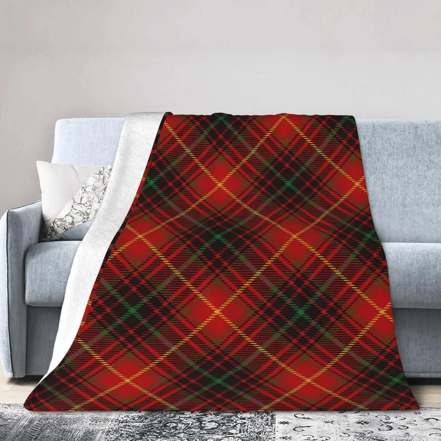 Tartan-Red-Green-Gold-and-Black-Color-Plaid-Flannel-Shirt-S-Trend Ultra Soft Warm Luxury Wool Blanket 3D Fashion Print All Season Sofa Sofa Warm Bed Throw Blanket. 60"X50"