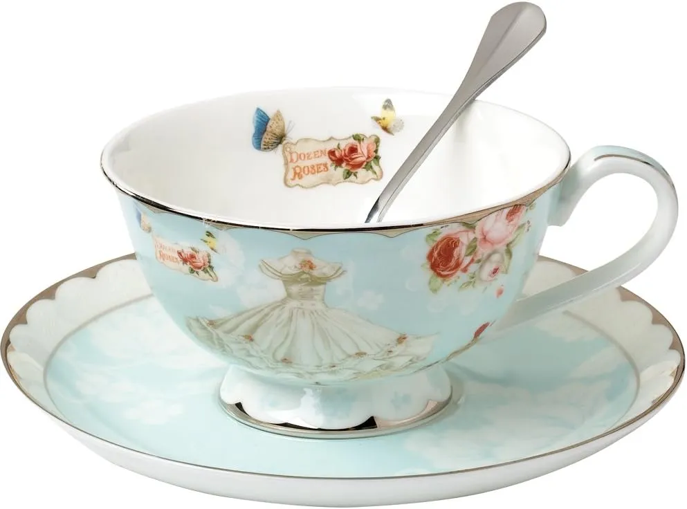 Teacup and Saucer and Spoon Sets Vintage Royal Bone China Tea Cups Rose Flower Blue Boxed Set 7-Oz