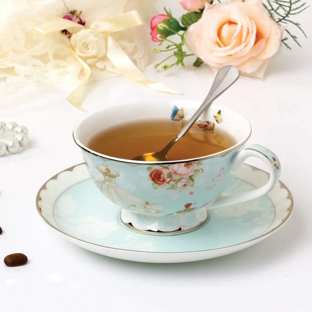 Teacup and Saucer and Spoon Sets Vintage Royal Bone China Tea Cups Rose Flower Blue Boxed Set 7-Oz