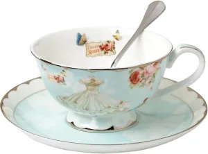 Teacup and Saucer and Spoon Sets Vintage Royal Bone China Tea Cups Rose Flower Blue Boxed Set 7-Oz