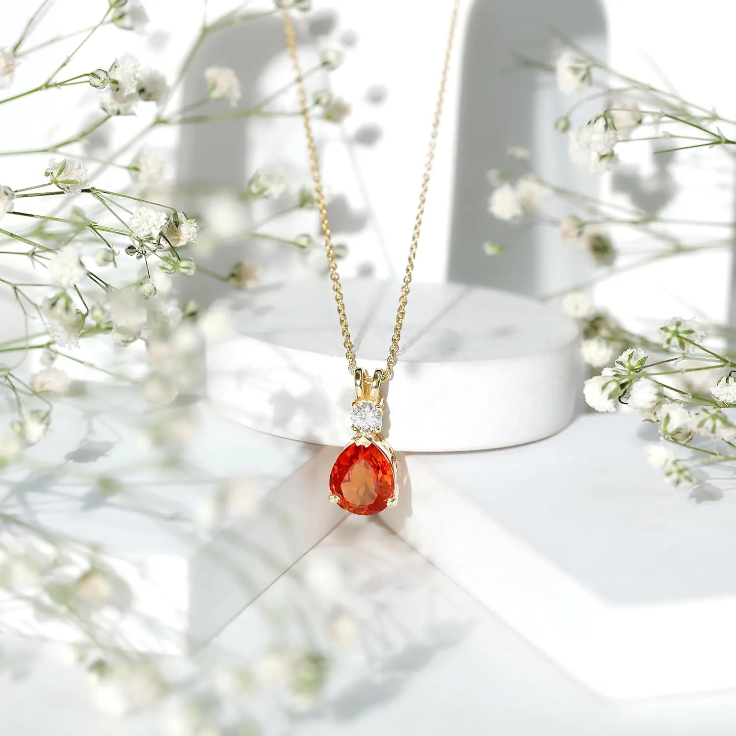 Teardrop Necklace with Orange Sapphire and Moissanite, AAAA Quality, Lab Grown Orange Sapphire Pendant With Chain,