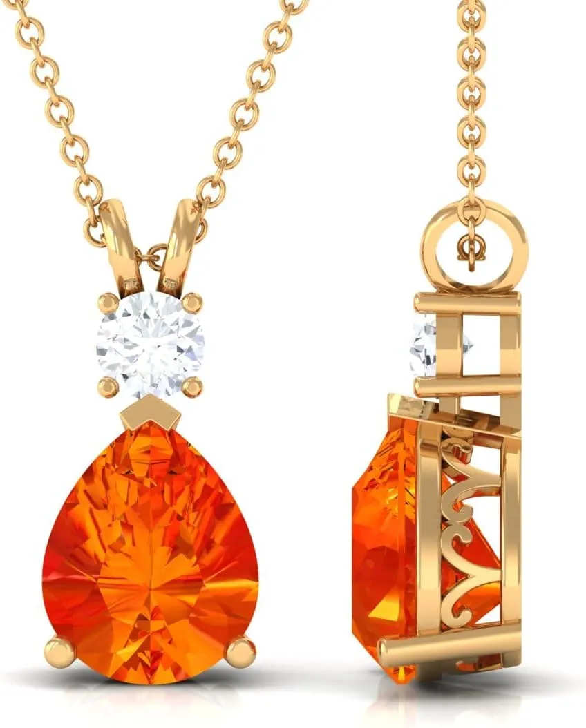 Teardrop Necklace with Orange Sapphire and Moissanite, AAAA Quality, Lab Grown Orange Sapphire Pendant With Chain,