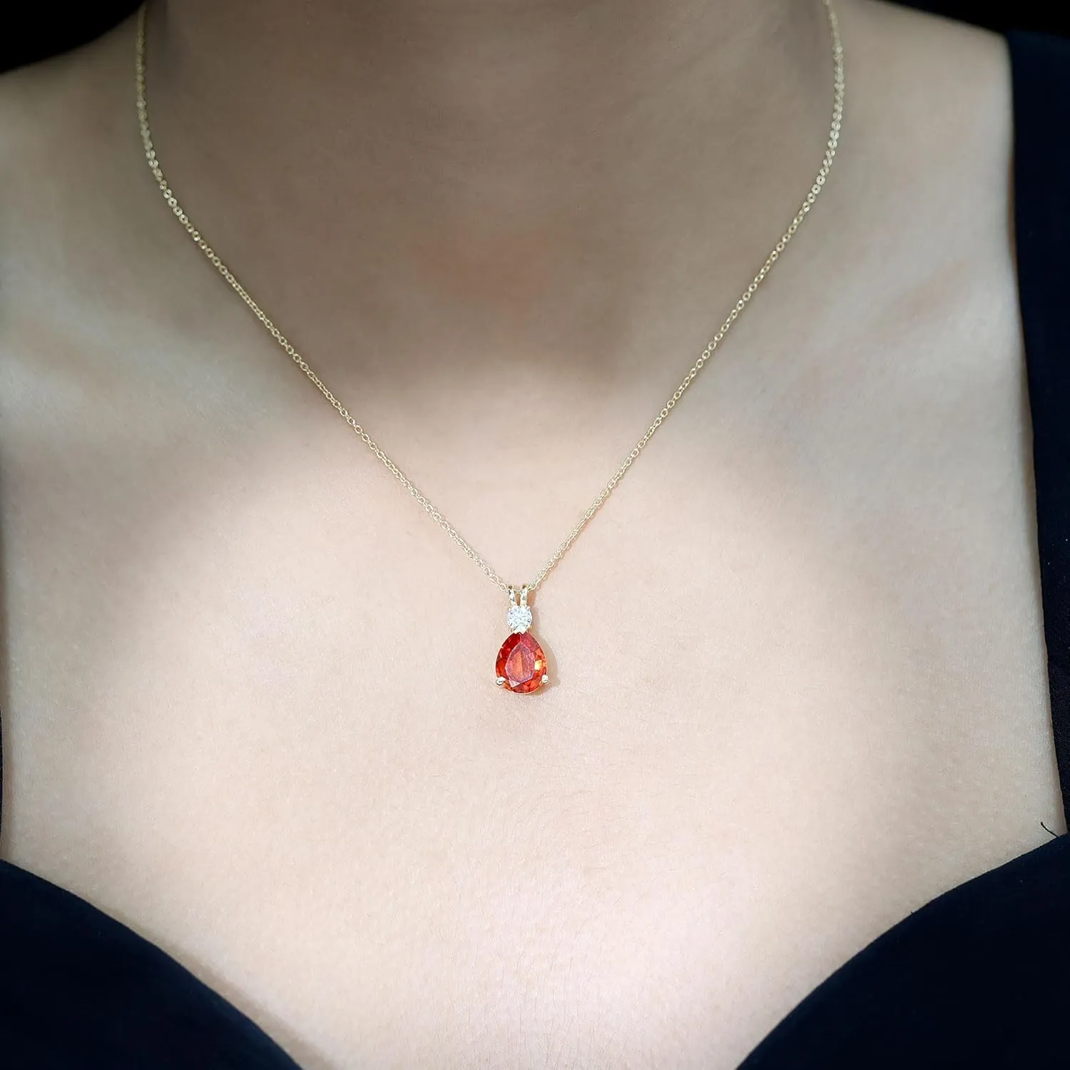 Teardrop Necklace with Orange Sapphire and Moissanite, AAAA Quality, Lab Grown Orange Sapphire Pendant With Chain,
