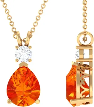 Teardrop Necklace with Orange Sapphire and Moissanite, AAAA Quality, Lab Grown Orange Sapphire Pendant With Chain,