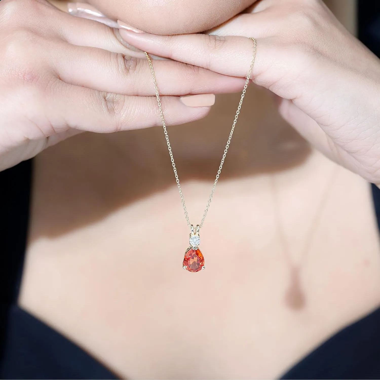 Teardrop Necklace with Orange Sapphire and Moissanite, AAAA Quality, Lab Grown Orange Sapphire Pendant With Chain,