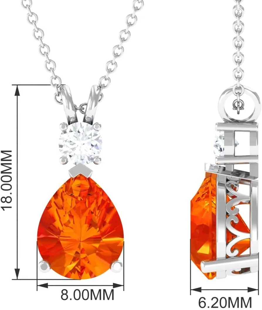 Teardrop Necklace with Orange Sapphire and Moissanite, AAAA Quality, Lab Grown Orange Sapphire Pendant With Chain,