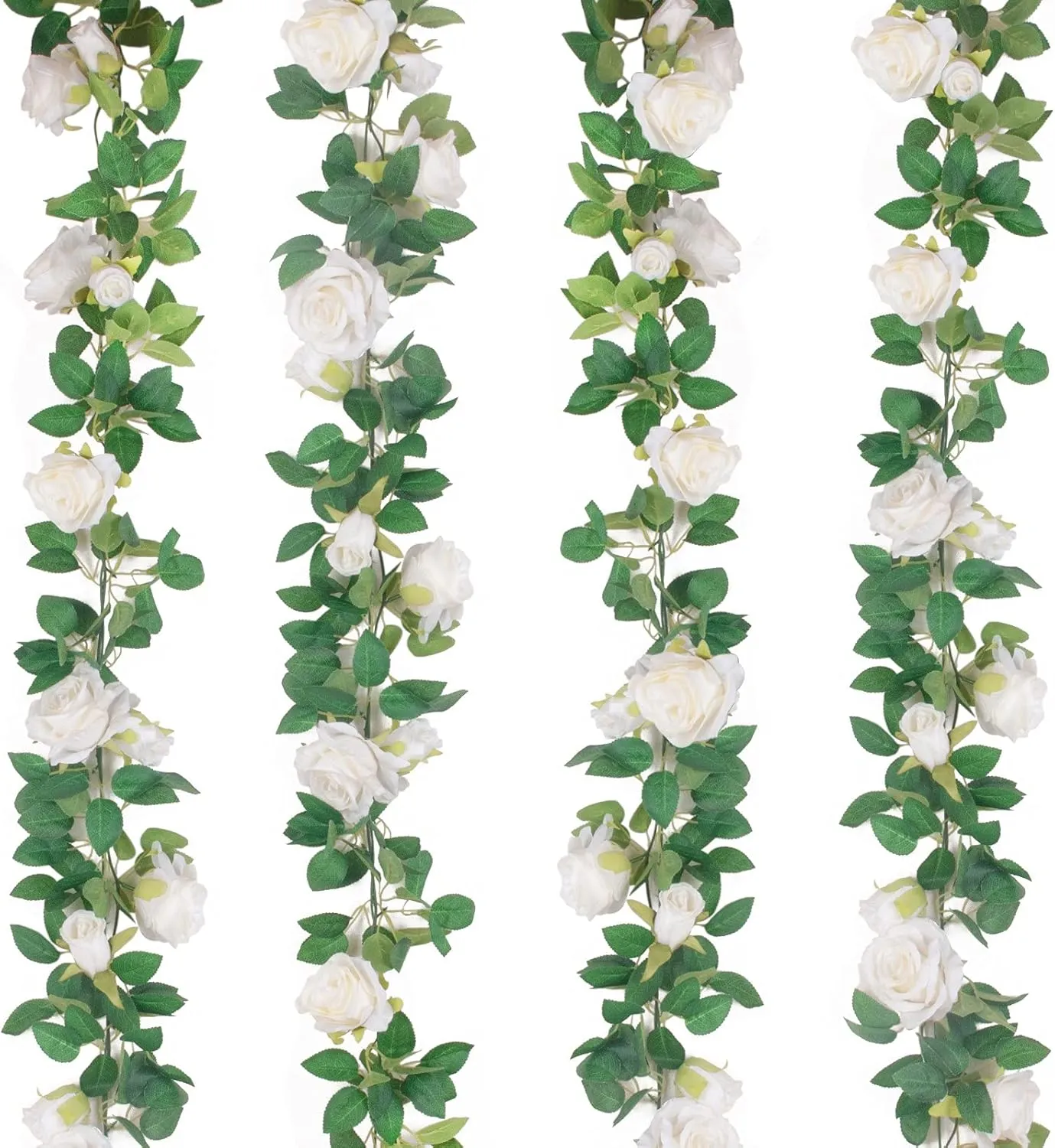 TELDRASSIL 4Pcs(26 FT) Artificial Rose Vine Fake Flower Garland Fake Silk Rose Hanging Vine for Wedding Party Background Arch Garden Background Decoration (White)