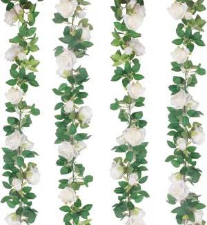 TELDRASSIL 4Pcs(26 FT) Artificial Rose Vine Fake Flower Garland Fake Silk Rose Hanging Vine for Wedding Party Background Arch Garden Background Decoration (White)