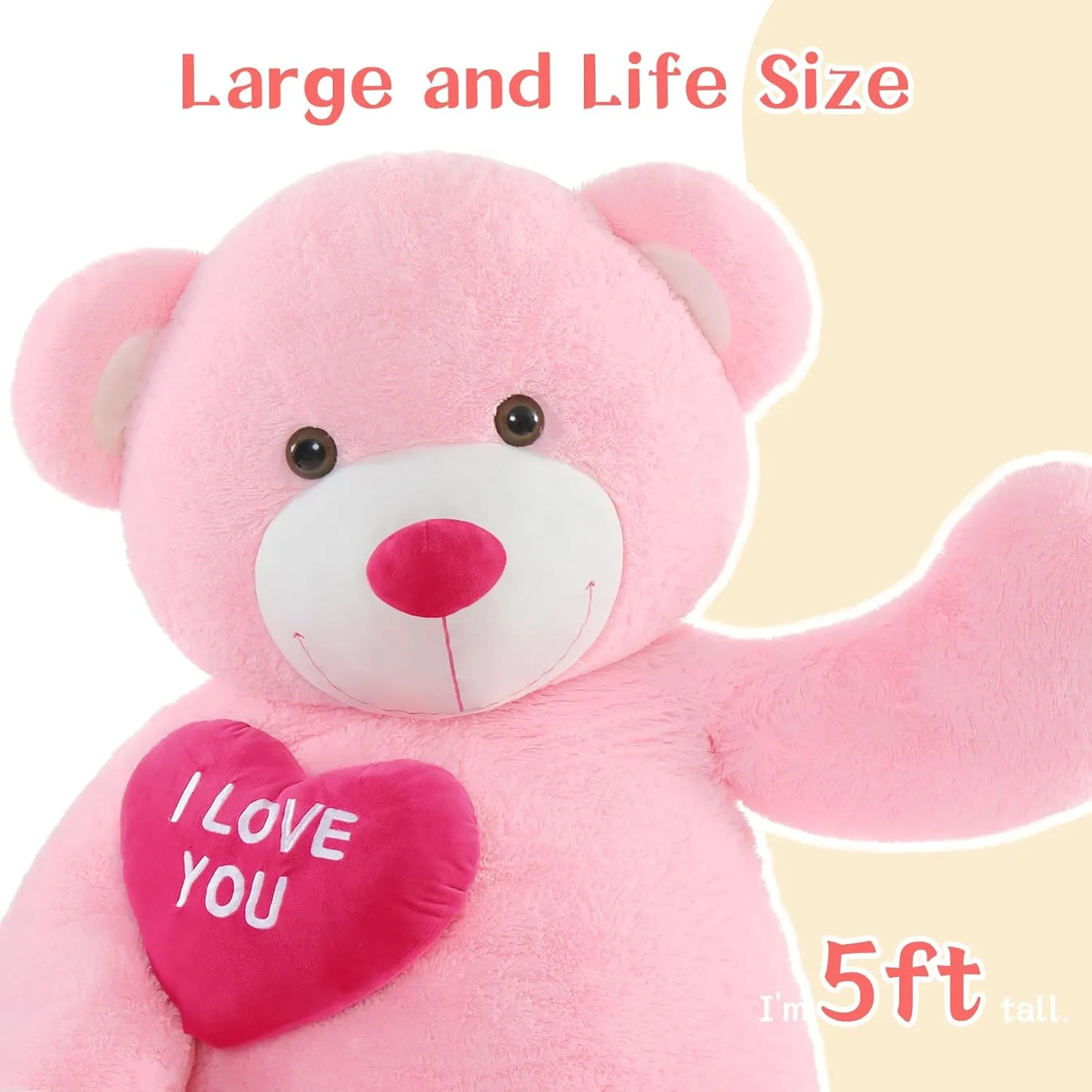 Tezituor Giant Teddy Bear Stuffed Animal 5Ft with Heart,Large Pink I Love You Bear Plush Toys for Kids Gift for Girlfriend