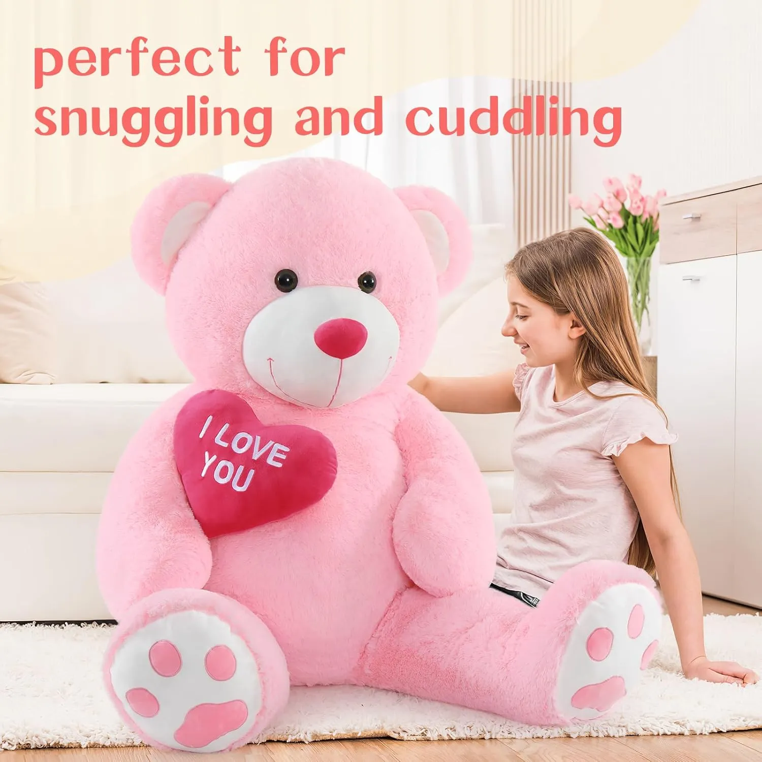 Tezituor Giant Teddy Bear Stuffed Animal 5Ft with Heart,Large Pink I Love You Bear Plush Toys for Kids Gift for Girlfriend