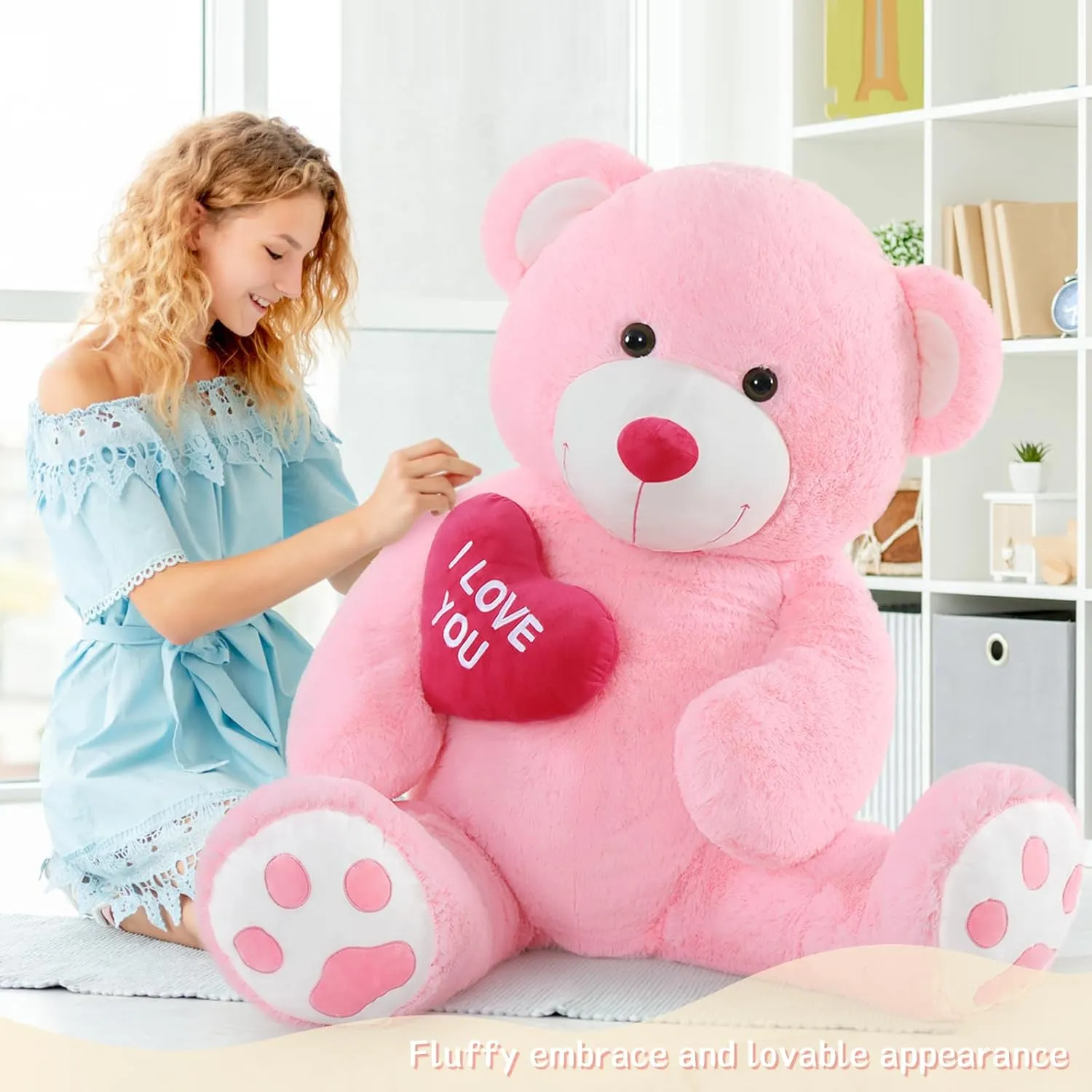 Tezituor Giant Teddy Bear Stuffed Animal 5Ft with Heart,Large Pink I Love You Bear Plush Toys for Kids Gift for Girlfriend