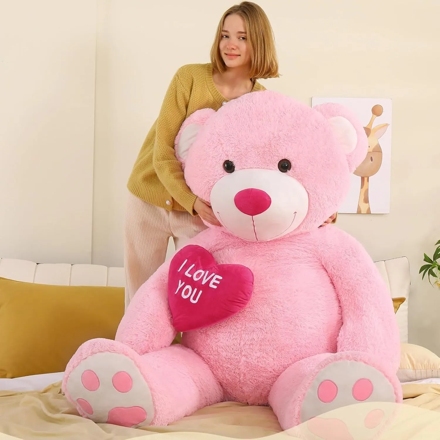 Tezituor Giant Teddy Bear Stuffed Animal 5Ft with Heart,Large Pink I Love You Bear Plush Toys for Kids Gift for Girlfriend