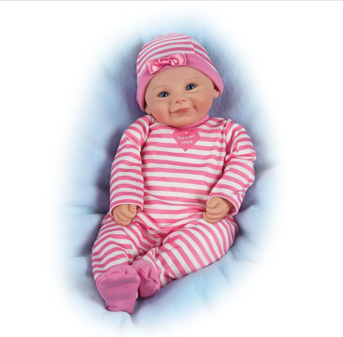 The Ashton-Drake Galleries RealTouch Vinyl Baby Doll, Pink Striped Outfit with Heart Design, Weighted Cloth Body, Blue Eyes
