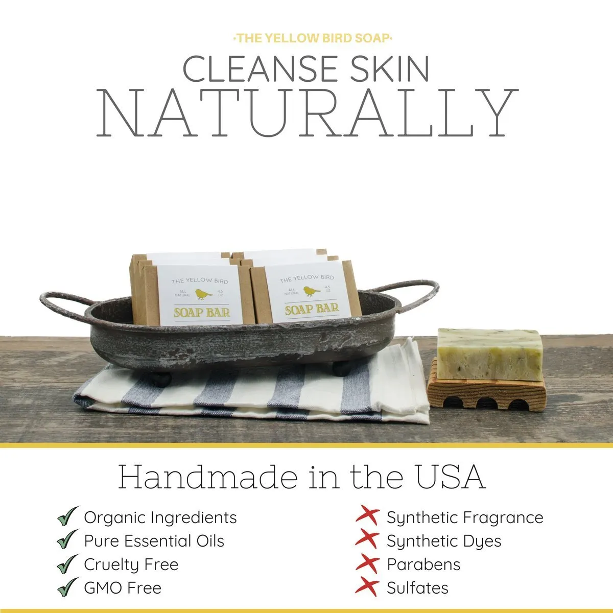 The Yellow Bird Peppermint Soap Bar with Tea Tree Oil - Handmade in USA with Natural, Organic, Vegan Ingredients (2 Bar Pack)