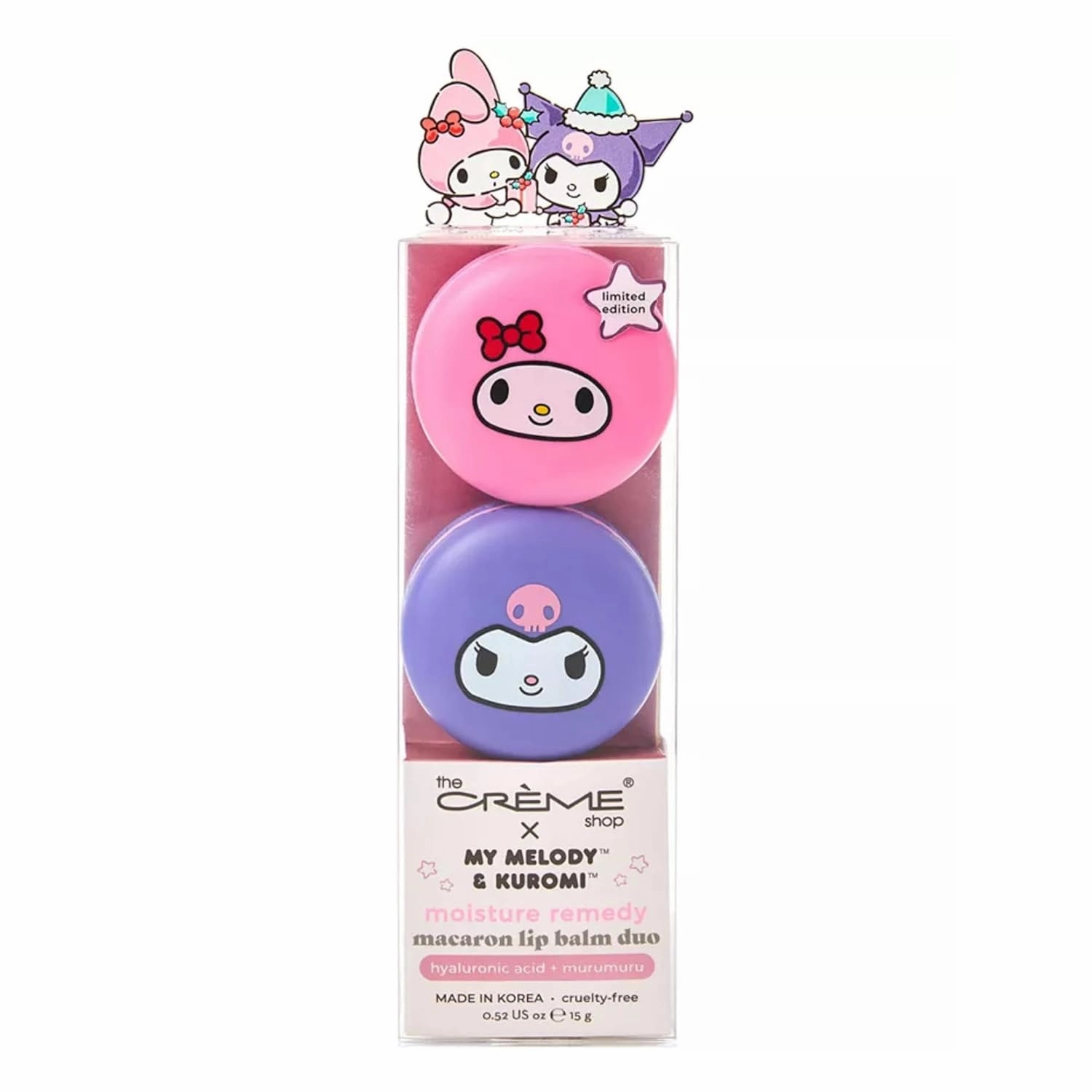 The Créme Shop x My Melody Moisturizing Macaron Lip Balm Duo, Korean Lip Balm with Hyaluronic Acid and Murumuru Butter, Stocking Stuffers (Pack of 2)
