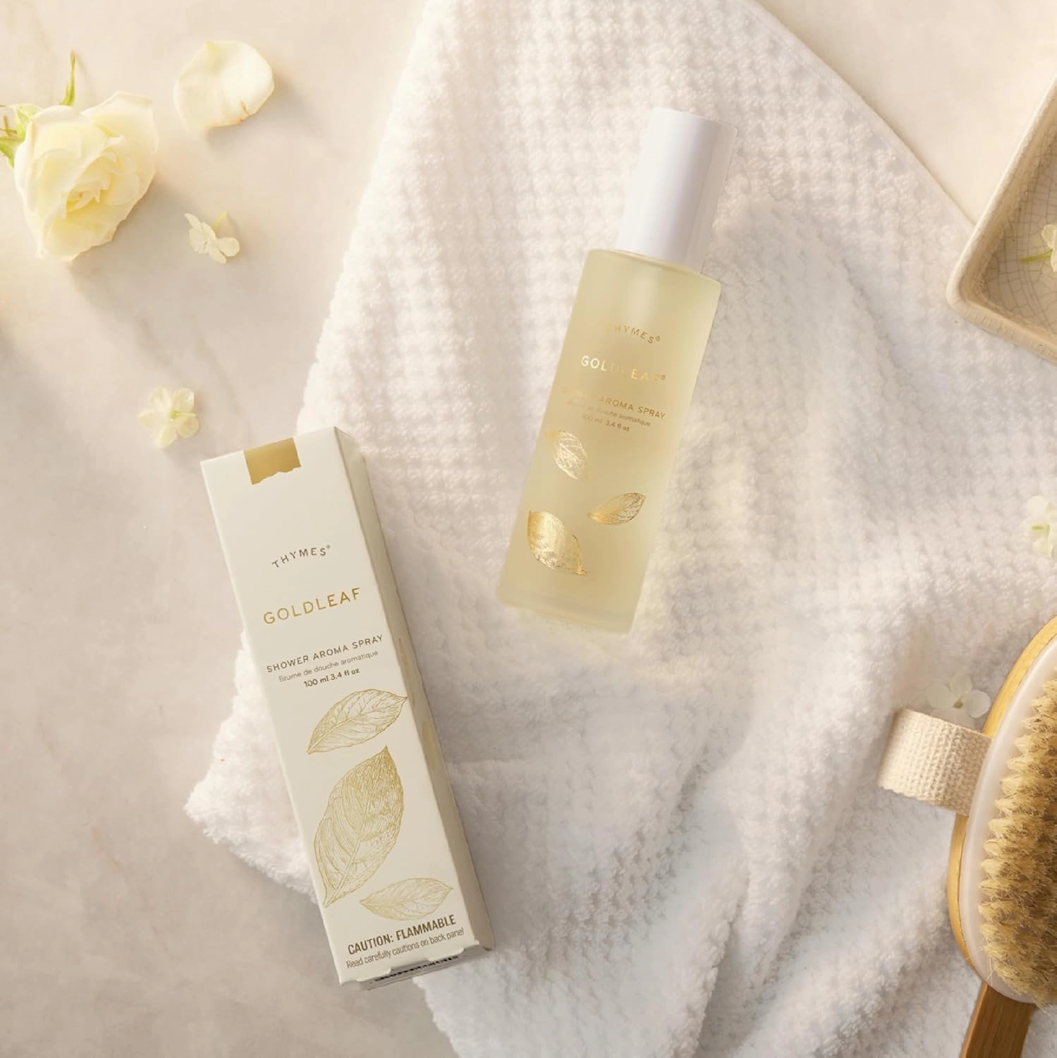 Thymes Daily Shower Spray for a Spa Like Experience - Home Essentials - Mist Scented with Jasmine, Rose, Hyacinth, Lily of the Valley & Oak Moss (Goldleaf Shower Spray, 3.4 fl oz)