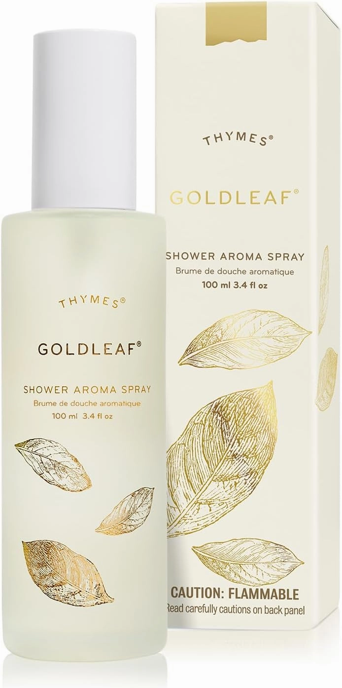 Thymes Daily Shower Spray for a Spa Like Experience - Home Essentials - Mist Scented with Jasmine, Rose, Hyacinth, Lily of the Valley & Oak Moss (Goldleaf Shower Spray, 3.4 fl oz)