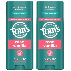 Tom's of Maine Rose Vanilla Aluminum Free Natural Deodorant For Women & Men | Goes on Clear | Odor & Wetness Protection | Naturally Derived and Moisture-Locking Ingredients | 3.25 oz (2 Pack)