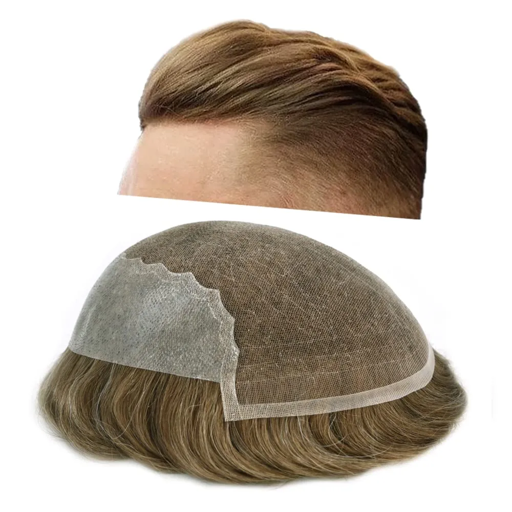 Toupee For Men Human Hair French Lace Brown Hair System Bleached Knot Men Toupee Natural Hairline Blonde Hair Piece For Men Hairpiece 8X10 80% Density #17 Dark Ash Blonde