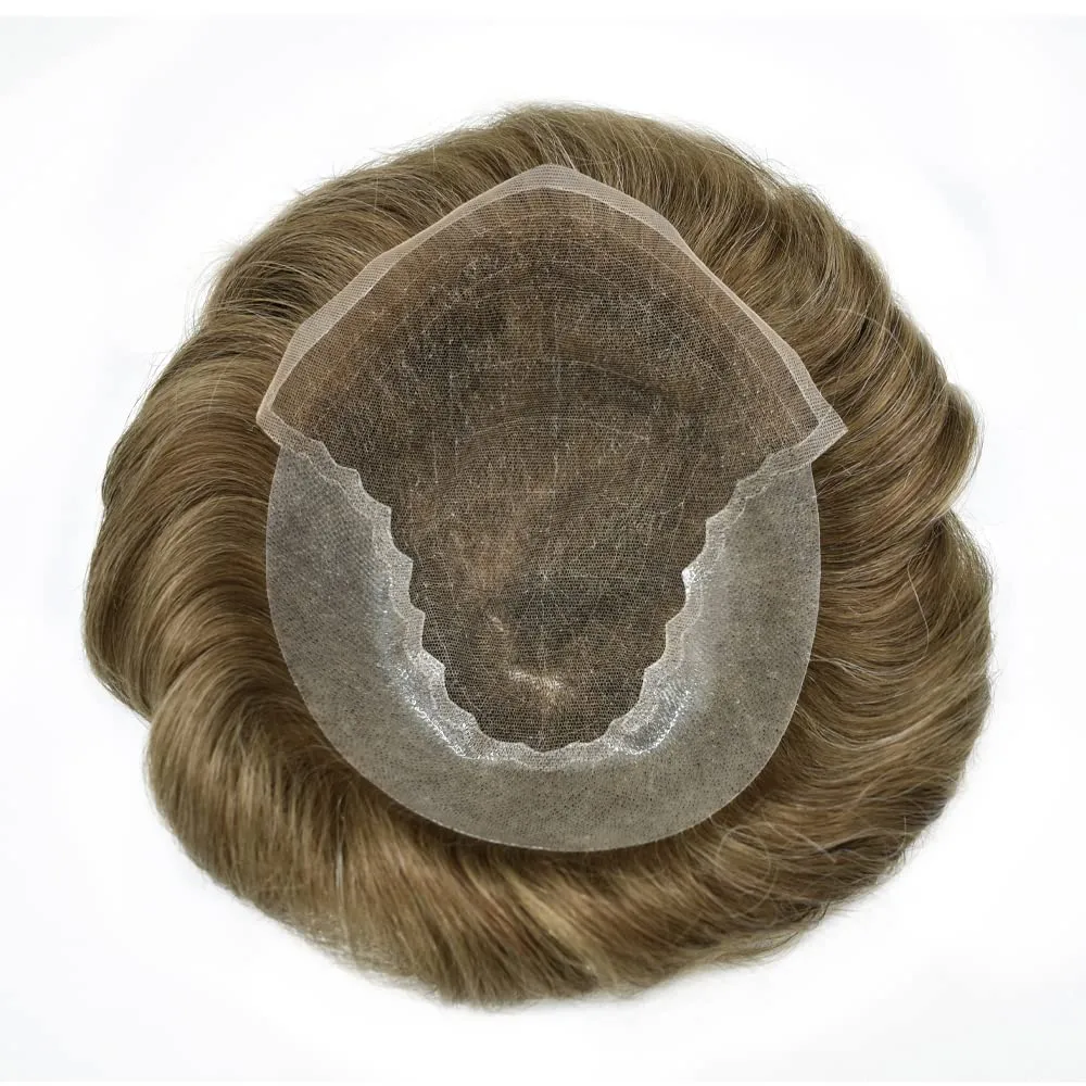 Toupee For Men Human Hair French Lace Brown Hair System Bleached Knot Men Toupee Natural Hairline Blonde Hair Piece For Men Hairpiece 8X10 80% Density #17 Dark Ash Blonde