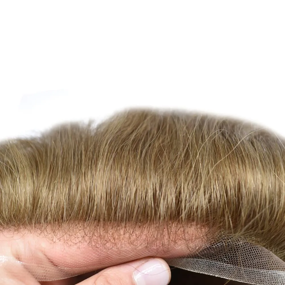 Toupee For Men Human Hair French Lace Brown Hair System Bleached Knot Men Toupee Natural Hairline Blonde Hair Piece For Men Hairpiece 8X10 80% Density #17 Dark Ash Blonde