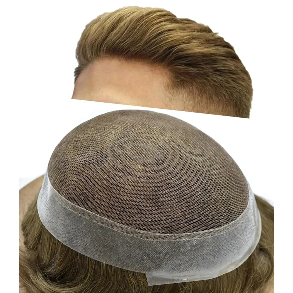 Toupee for Men Real Human Hair Swiss Lace Center Natural Hairline Hair Pieces For Men Thin Skin PU V-looped Men's Hair Replacement System 7"x9" #18 MEDIUM BLONDE 120% density