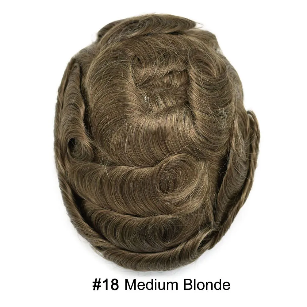 Toupee for Men Real Human Hair Swiss Lace Center Natural Hairline Hair Pieces For Men Thin Skin PU V-looped Men's Hair Replacement System 7"x9" #18 MEDIUM BLONDE 120% density