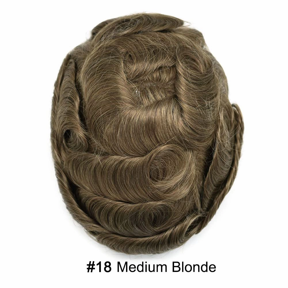 Toupee For Men Hairpiece Lace Center Hair System Replacement Thin Skin Mens Toupee Human Hair Piece Unit For Men 7"x9" #18 MEDIUM BLONDE 120% density